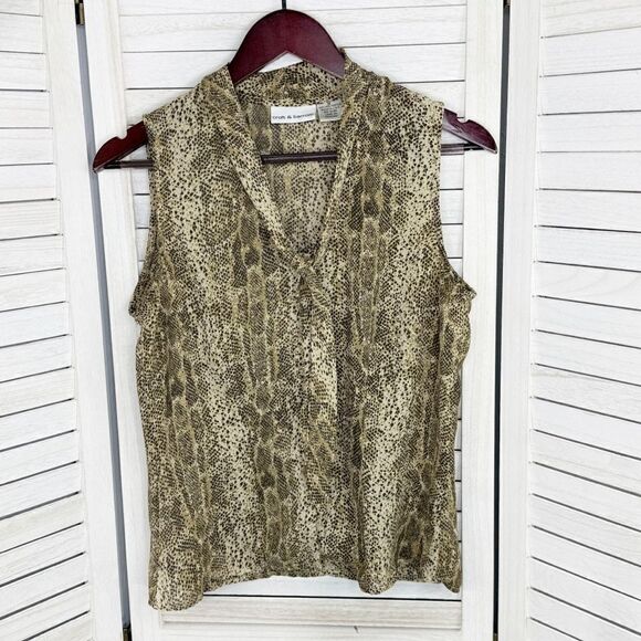 Croft & Barrow Snake Print Tie Neck Sleeveless Blouse Tan Small - Picture 7 of 11